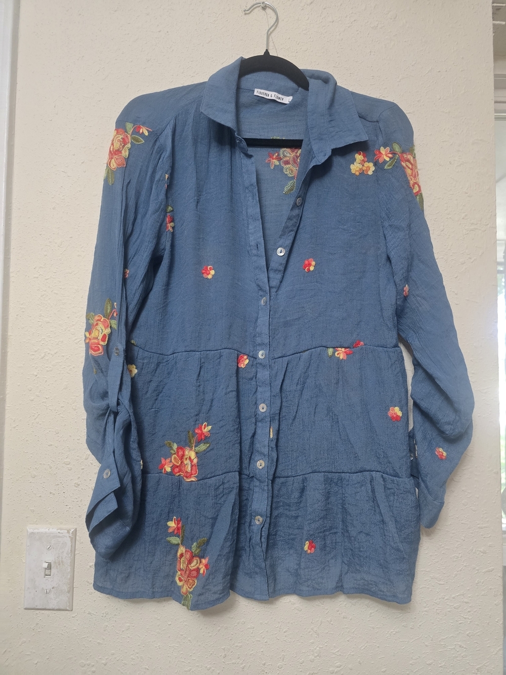 Fig & Flower Embroidered Blue Button-Front Tunic
